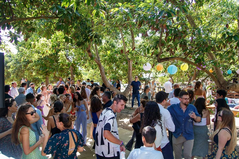 המון אורחים בין העצים מתחת לפנסי נייר